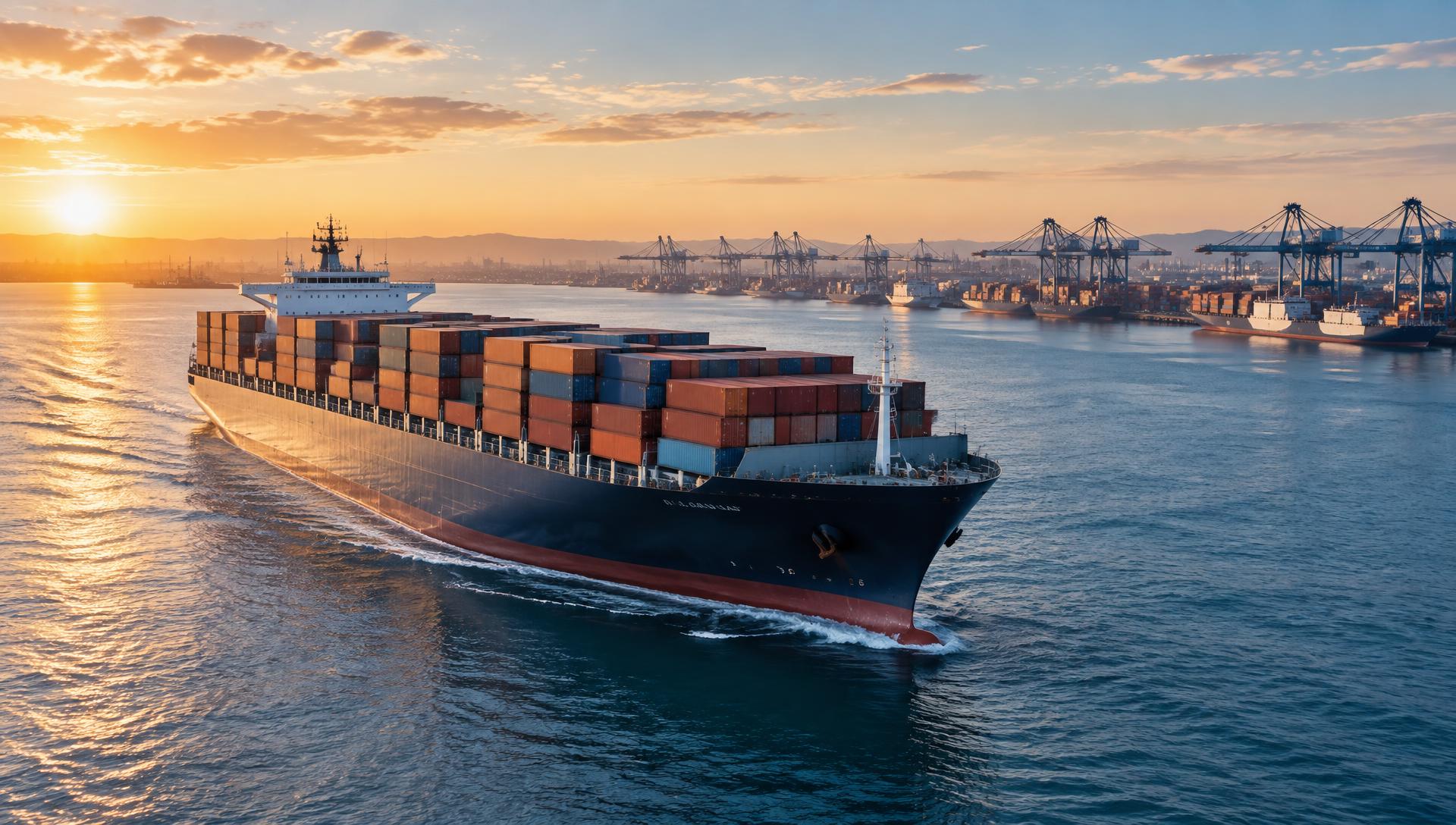 Container ship approaching an international port at sunrise